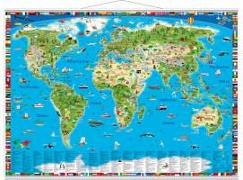 Illustrierte Weltkarte mit Metall-Beleistung. 1:32'000'000